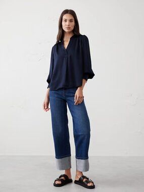 Navy Blue Crepe Volume-Sleeve Blouse | Banana Republic